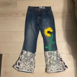 1/1 upcycled sunflower bell bottom jeans by me